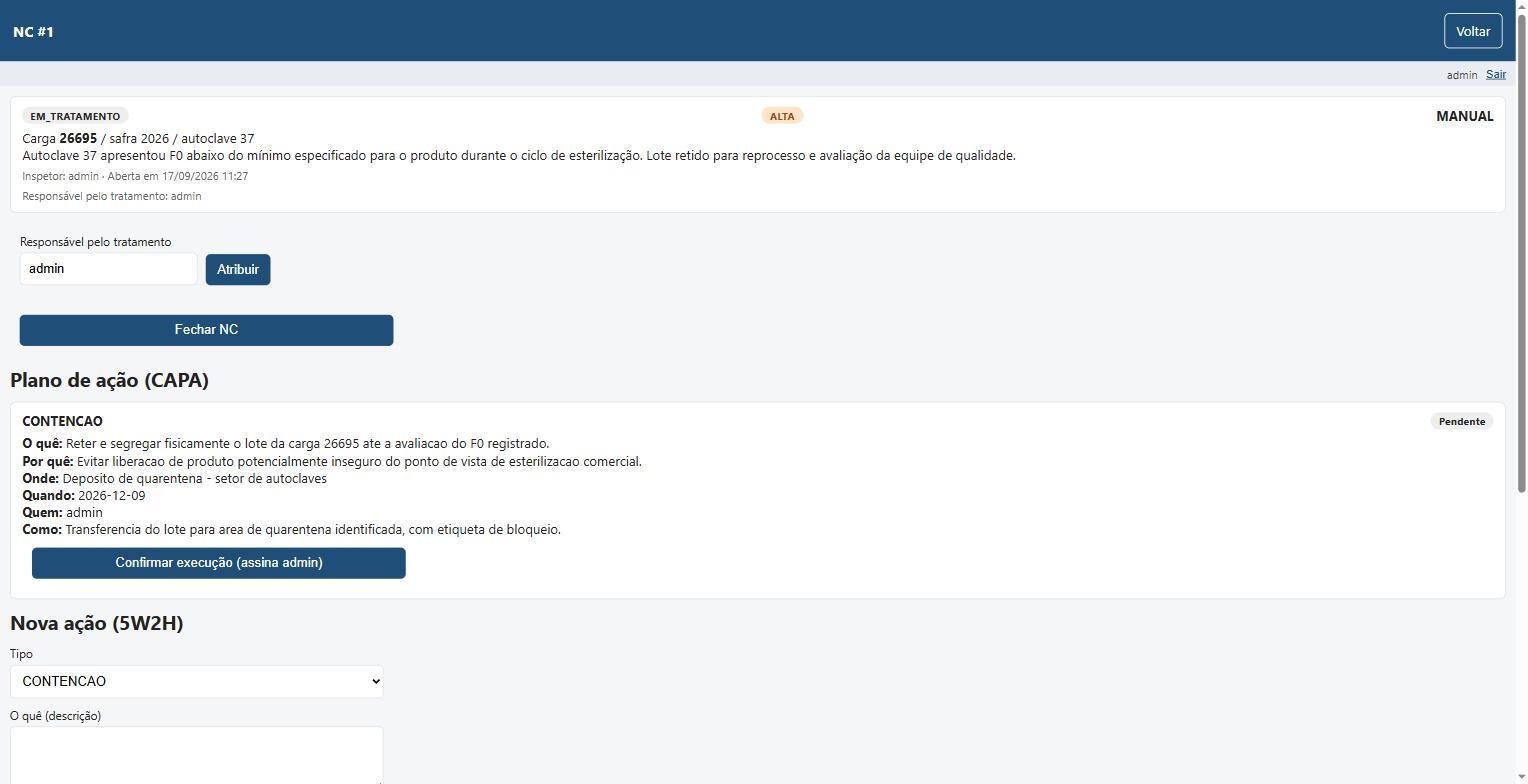 Ação de contenção cadastrada; NC em tratamento.