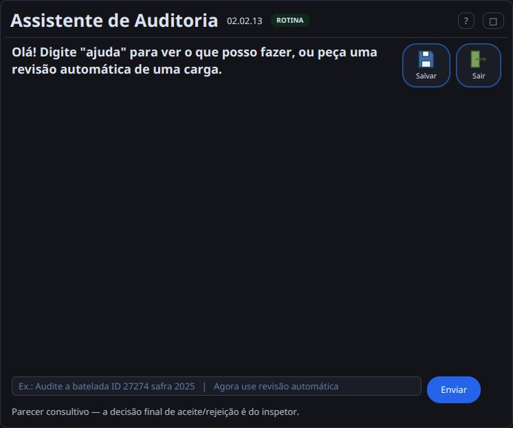 Assistente de auditoria com caixa de mensagens e campo para pedidos em português.