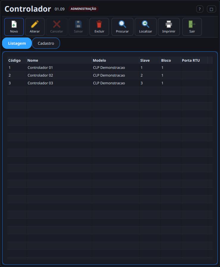 Listagem de controladores com modelo, slave, bloco e porta RTU.