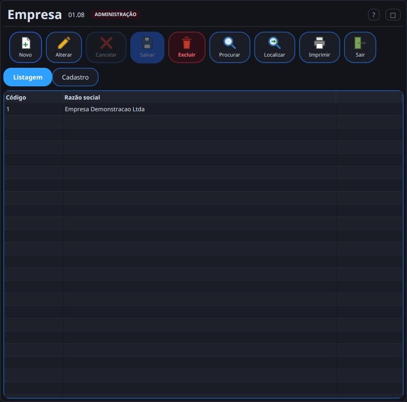 Listagem de empresas com código e razão social.