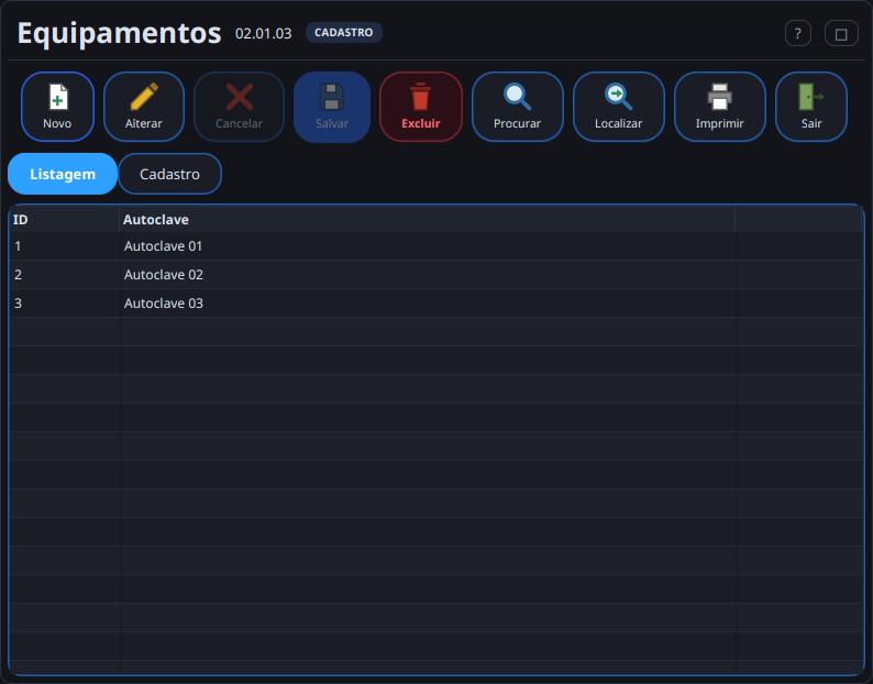 Listagem de autoclaves cadastradas.