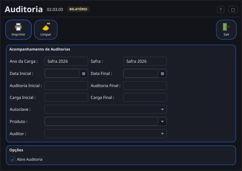 Relatório de auditorias com filtros por safra, datas, autoclave, produto e auditor.