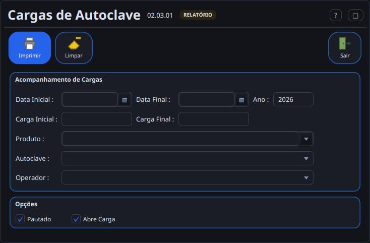 Relatório de cargas por autoclave com filtros de data, produto, autoclave e operador.