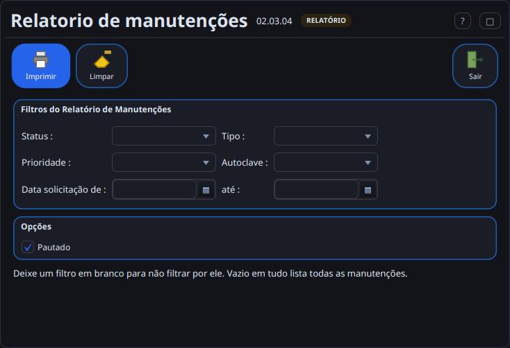 Relatório de manutenções com filtros por status, tipo, prioridade e autoclave.